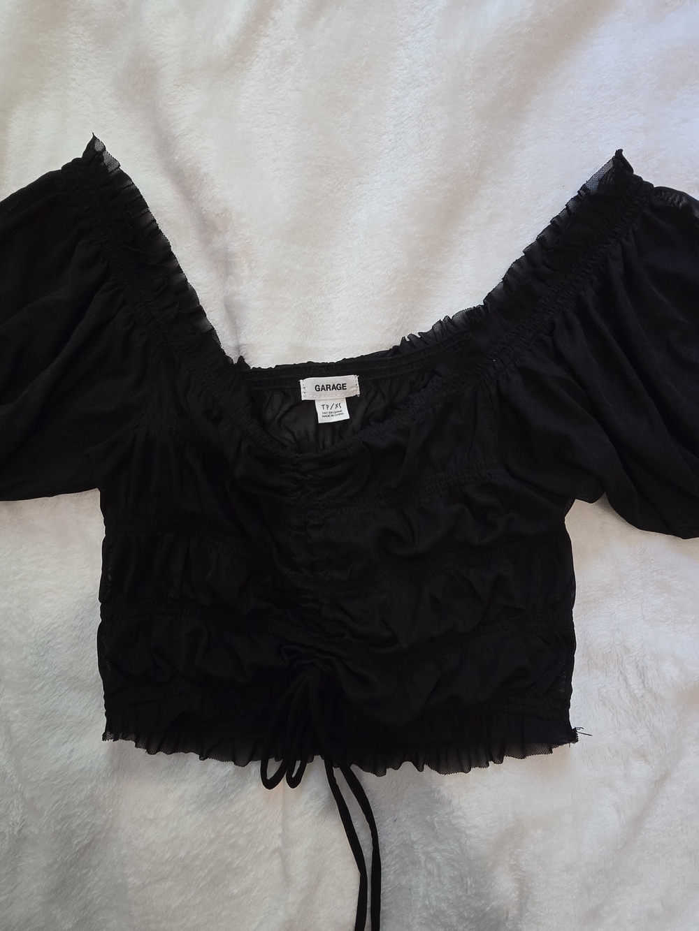 Garage Black Sheer Mesh Ruched Milkmaid Crop Top XS Whimsigoth Puff Sleeve - Picture 8 of 11